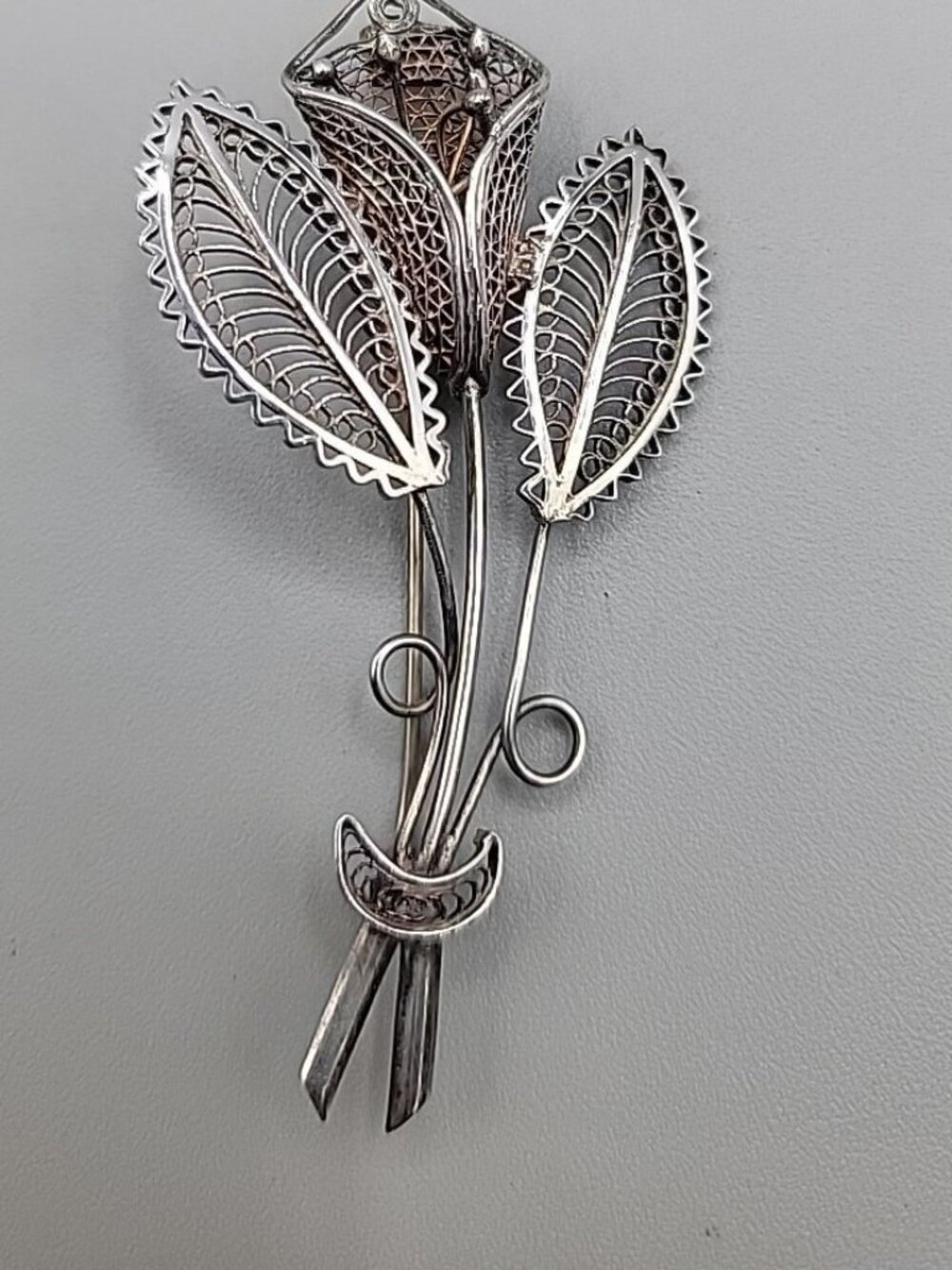 Vintage Sterling Silver Filigree Calla Lily Flower Brooch 925 3D Flower Pin